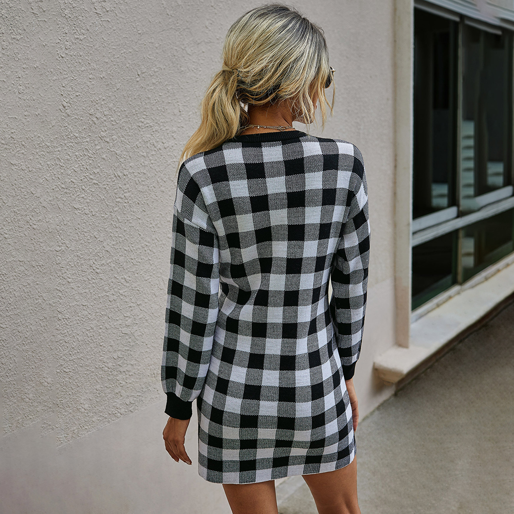 Sweater Dress Women Autumn Winter Elegant Office Plaid Long Sleeve Knit Clothes Slim Fit Black Ladies Dresses New Arrival 201125
