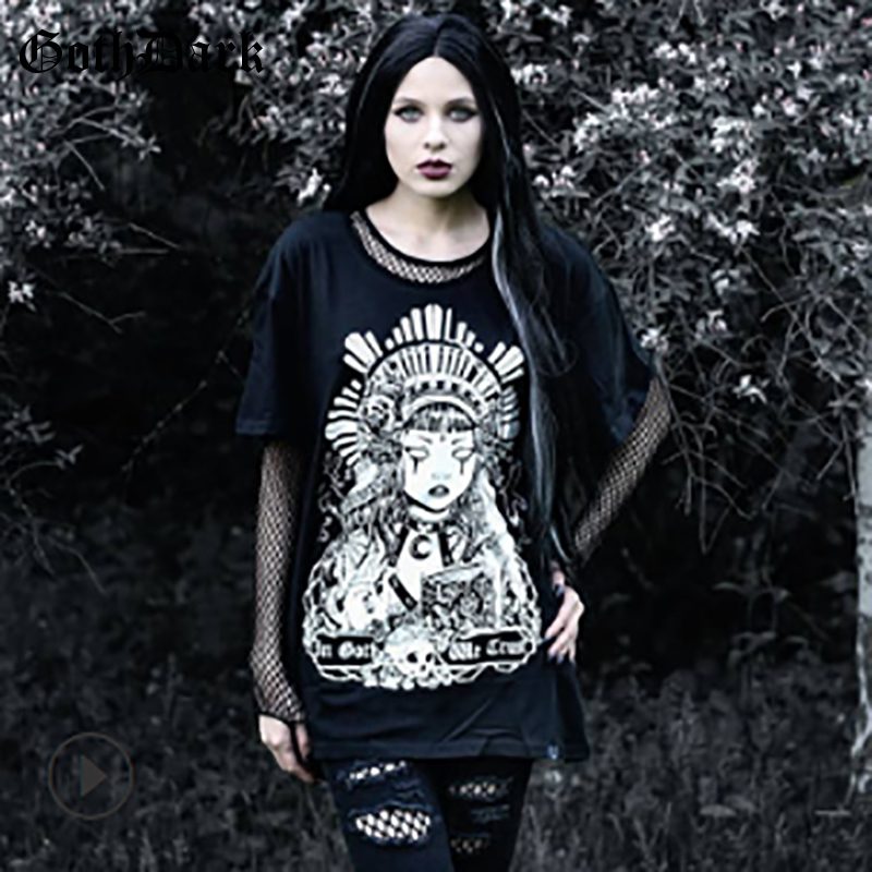 Goth Dark Grunge Black Print T-shirts Gothic Loose Punk Harajuku Streetwear Summer 2019 T-shirt Female Fashion Aesthetic T shirt T200107