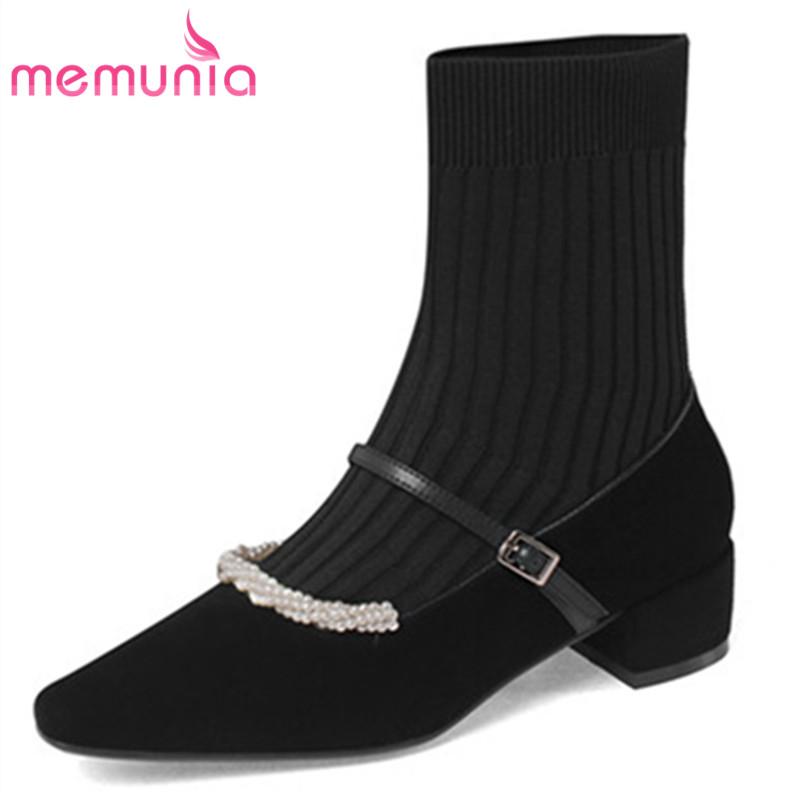 MEMUNIA 2021 Hot Sale Stretch Sock Boots Women Suede Leather Knitting Pearl Buckle Square Heel Party Shoes Women Ankle Boots, Black not fur
MEMUNIA 2021 Hot Sale Stretch Sock Boots Women Suede Leather Knitting Pearl Buckle Square Heel Party Shoes Women Ankle Boots, Black not fur