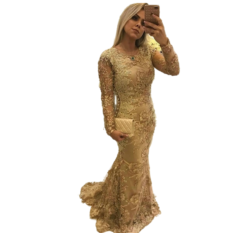 Elegant Gold Mermaid Lace Formal Evening Dresses For Women 2022 Long Sleeves Crew Neck Celebrity Party Evening Gowns Pearls Beaded Prom Dress Special 