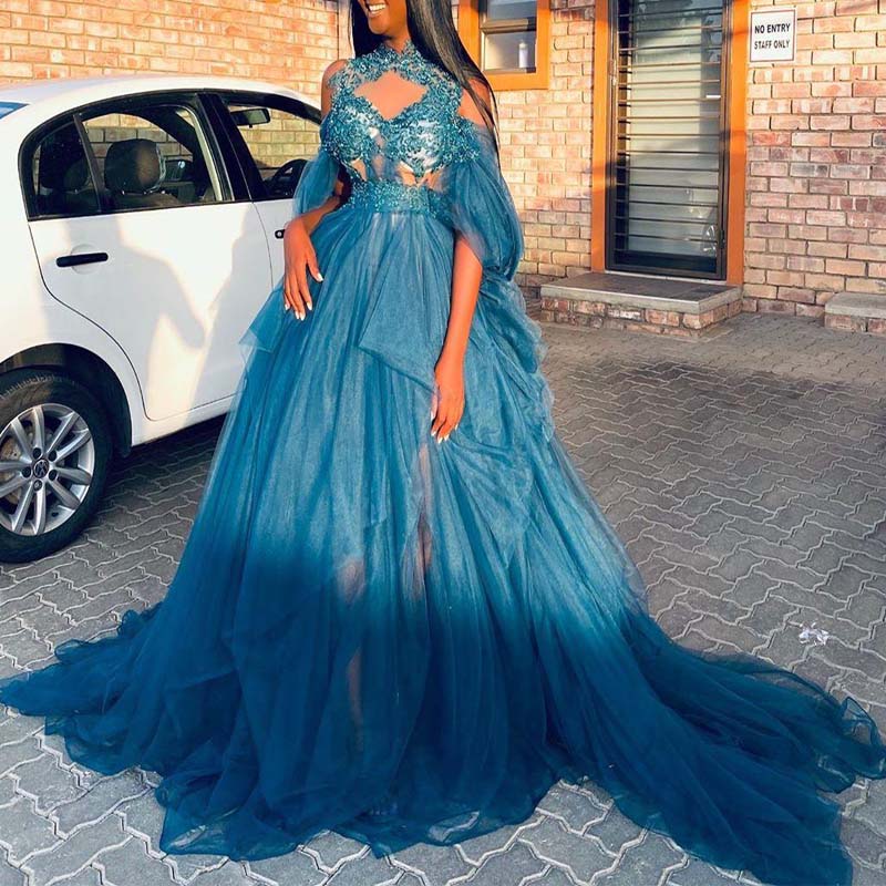 2020 Arabic Aso Ebi Stylish Lace Beaded Evening Dresses High Neck Prom Dresses Vintage Formal Party Second Reception Gowns