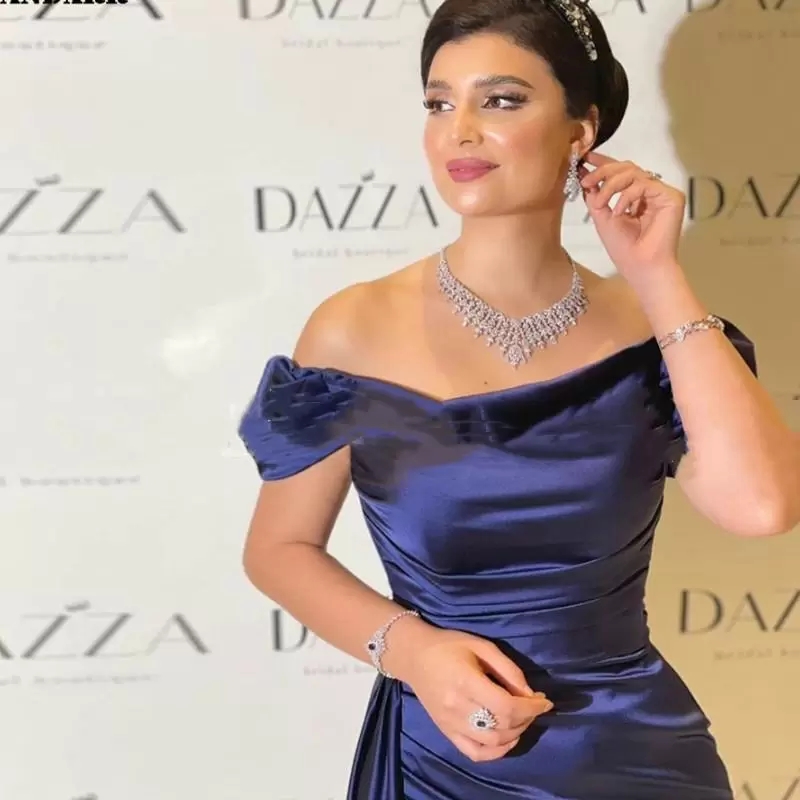 Elegant Purple Celebrity Evening Dresses Party Wear Train Simple Boat Neck Short Sleeve Satin Prom Gowns For Women Off Shoulder Vestidos De Noche