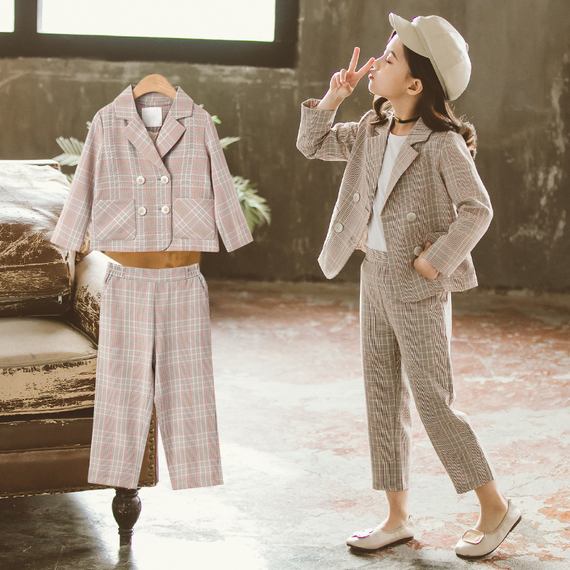 Fashion Girls Clothing Sets Spring Autumn Kids Plaid Suit Long-Sleeved Girls Outfits Children School Clothes 4 6 8 10 12 YearsX1019