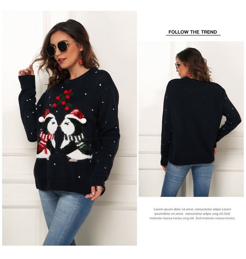 Womens Fashion Christmas Sweaters Penguin Jacquard Loose Fitting Long Sleeve Knitted Pullover Sweaters