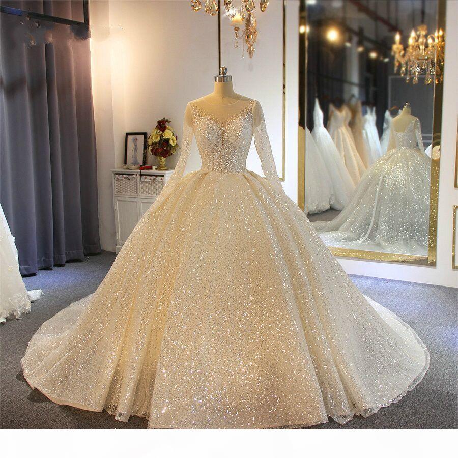 Sparkling Ball Gown Wedding Dresses Sheer Jewel Neck Appliqued Sequins Long Sleeves Lace Bridal Gowns Custom Made Abiti Da Sposa, White
Sparkling Ball Gown Wedding Dresses Sheer Jewel Neck Appliqued Sequins Long Sleeves Lace Bridal Gowns Custom Made Abiti Da Sposa, White