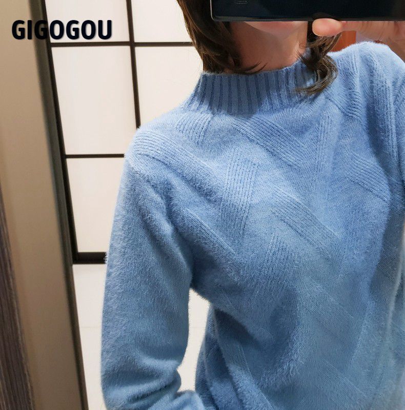 GIGOGOU Geomatric mink cashmere Womens Sweater Korea Style Elegant Thick Warm Turtlenecks Fall Winter Soft Female Jumper Top 201221