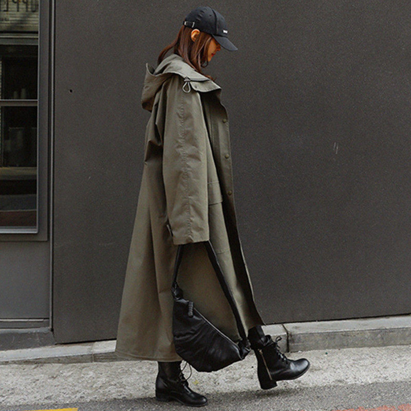 Autumn Spring New Korean Trench Coat Army Green Women's Windbreaker Loose Plus Size Hooded Cloak Harajuku Chaqueta Mujer f2527 T200805