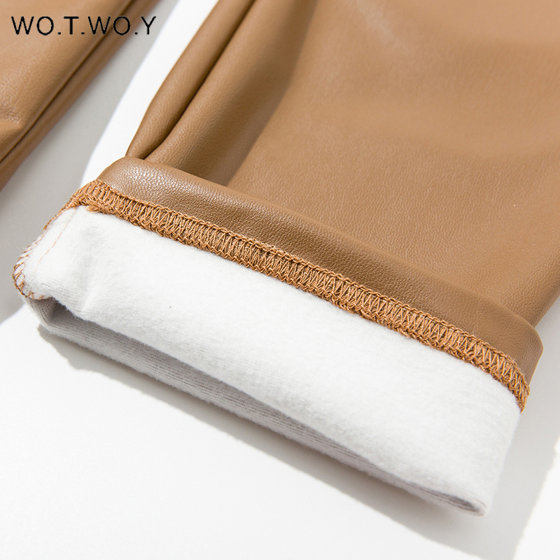 WOTWOY Fleece High Waist Skinny Leather Pants Women Autumn Winter Warm PU Leather Leggings Women Elastic Pencil Trousers Female 201111