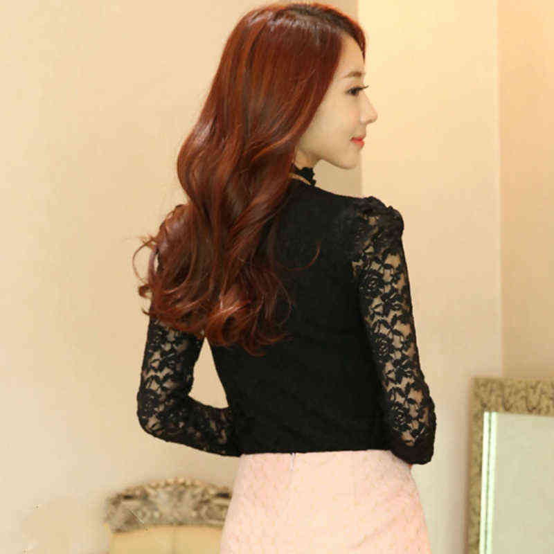 Fashion Plus Size Lace Crocheted Hollow Out Top Stand-up Collar White Blouse Woman Sweet Long Sleeve Shirts Blusas 1695 220125