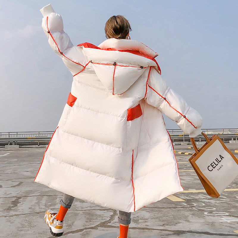 Winter new down jacket woman hooded bright face long runway show Korean version of loose casual white duck down coat 201030