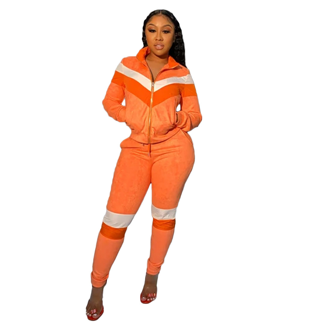Women Fashion Clothing tracksuits Sports Tracksuit Thickened Golden Velvet Color Block Splicing Leisure Two-piece Set Listing
