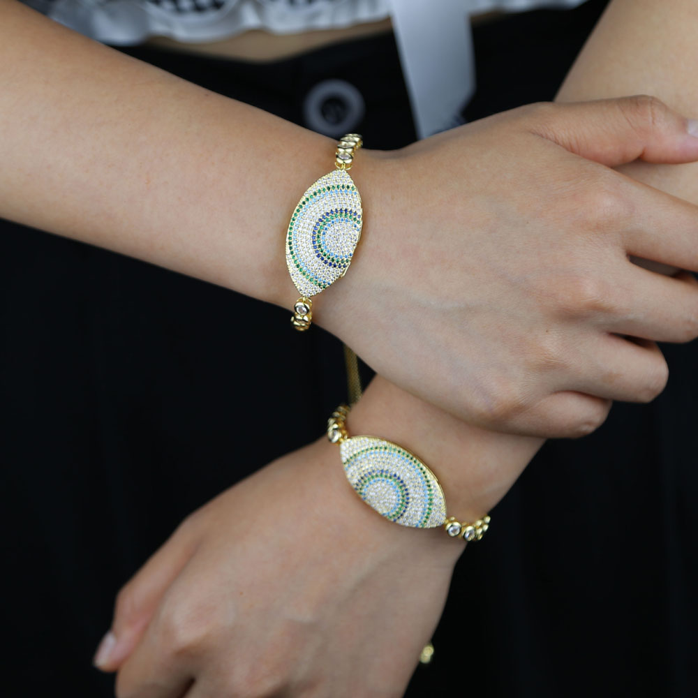 New Fashion Evil Eye Gold Color Round Tennis Bracelet Bangle for Women paved Color cz Adjustable Luxury Jewelry for Wedding Engagement Gift