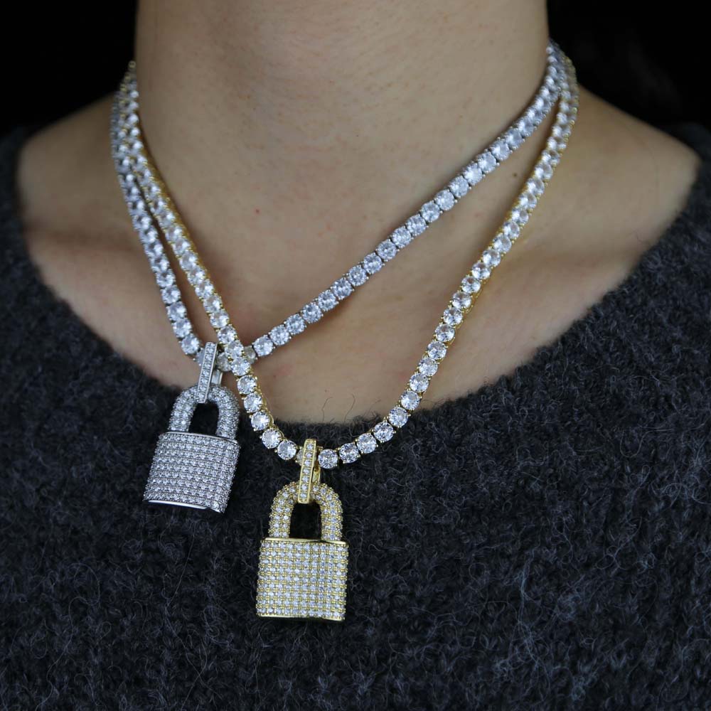 2024 NEW Iced Out Bling pendant Jewelry 5A Tennis Chain Full Micro Pave CZ Lock Pendants Hip Hop Women Necklace