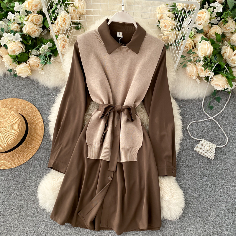 2021 New Female fall school set-down style collar long button dress + no sleeves crocheted vest suit parts 86P6, Black
2021 New Female fall school set-down style collar long button dress + no sleeves crocheted vest suit parts 86P6, Black