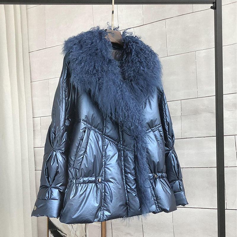 Large Real Fur Collar 2019 Winter Jacket Women 90% White Duck Down Coats Short Loose Parkas Outerwear Waterproof Glossy Jackets T200107