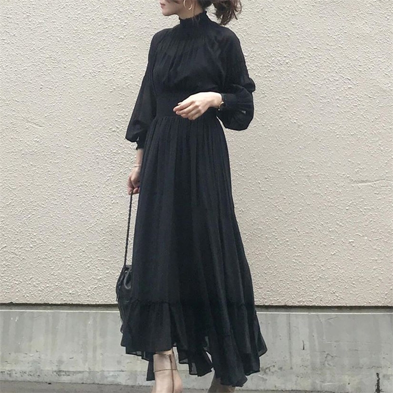 Elegant Chiffon Dress Women Autumn Korean Boho Office Ladies Plain High Waist A-Line Long Black Dresses Retro Maxi Robe Party T200604
