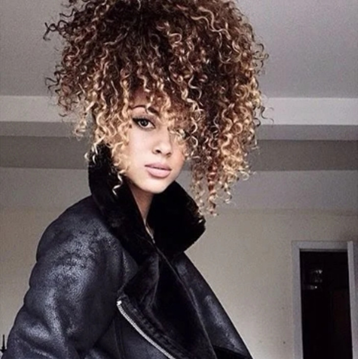 Curly Human Hair Ponytail with bang fringe 1b/27 Ombre blonde Drawstring Pony Tail Hairpieces Afro kinky puff Clip In Hair Extension