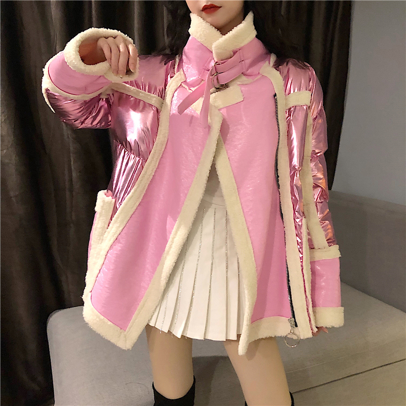 PERHAPS U Women Black Pink Silver Cotton Glossy Patchwork Lambswool Teddy Coat Turn Down Collar Zipper Pocket Coat Winter C0423 201019