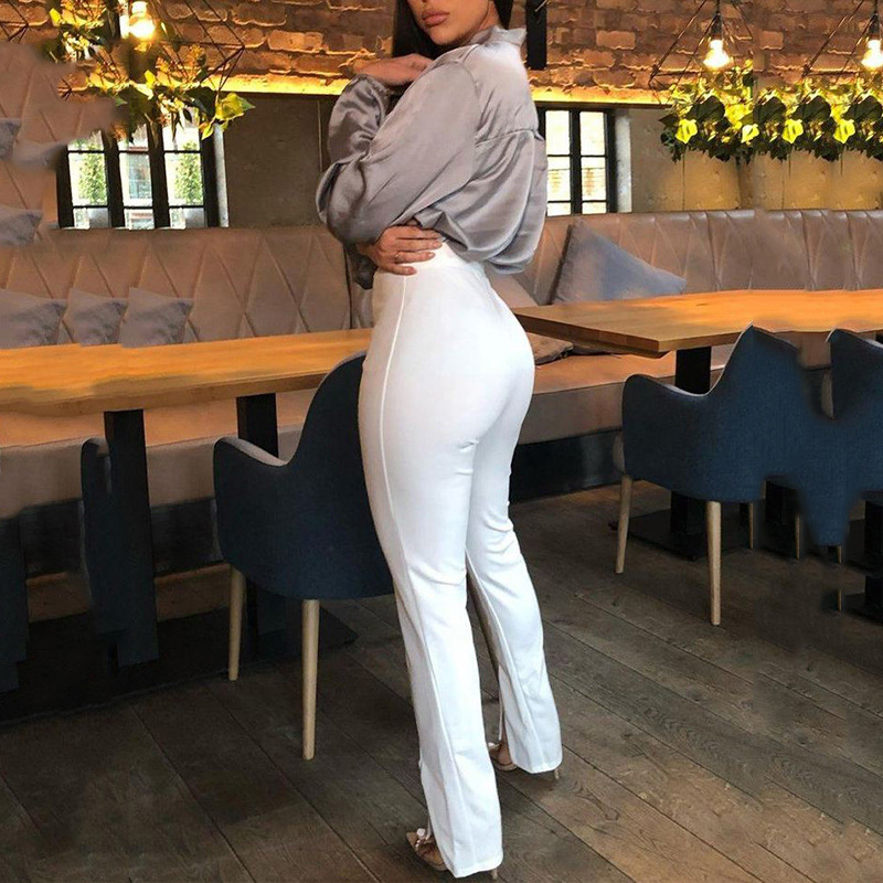High Waist Pants Women Trousers Casual Office Lady Front Slit Elastic Waist Pencil Trousers Sexy Ladies Skinny Pants Workwear 201113