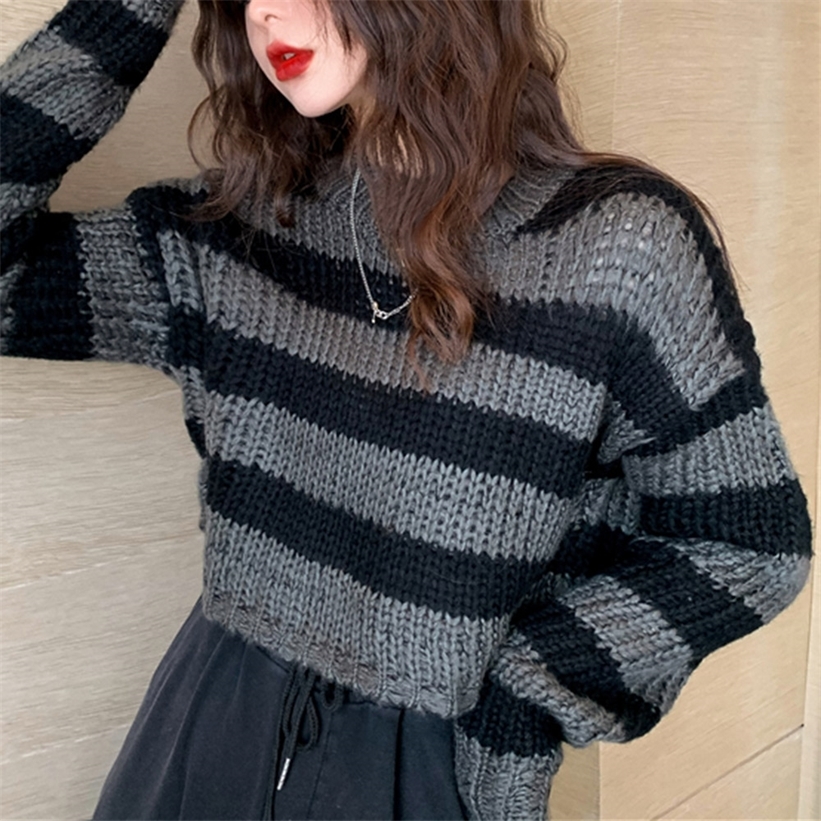 Rosetic Pullovers Striped Short Women Sweater Casual Knitwear Streetwear Jumper Gray Black Gothic Knitted Sweaters Goth 201224