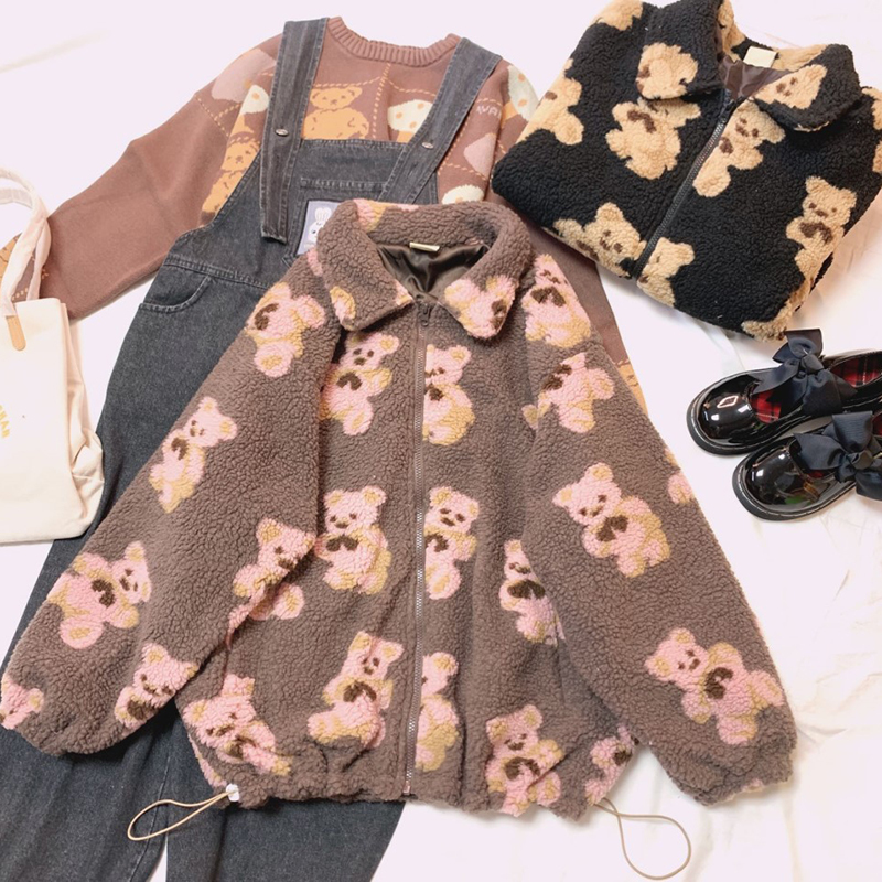 HWLZLTZHT Soft Sister Small Fresh And Cute Jacket Kawaii Lapel Loose Tops Long Sleeve Winter Student College style Japanese 201106