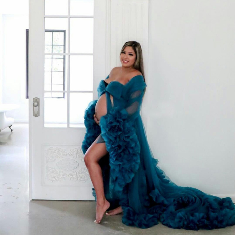 Navy Tiered Ruffles Ladies Nightwear Robes Illusion Long Sleeve Pregnant Party Sleepwear Maternity Photoshoot Dress Shower Robe