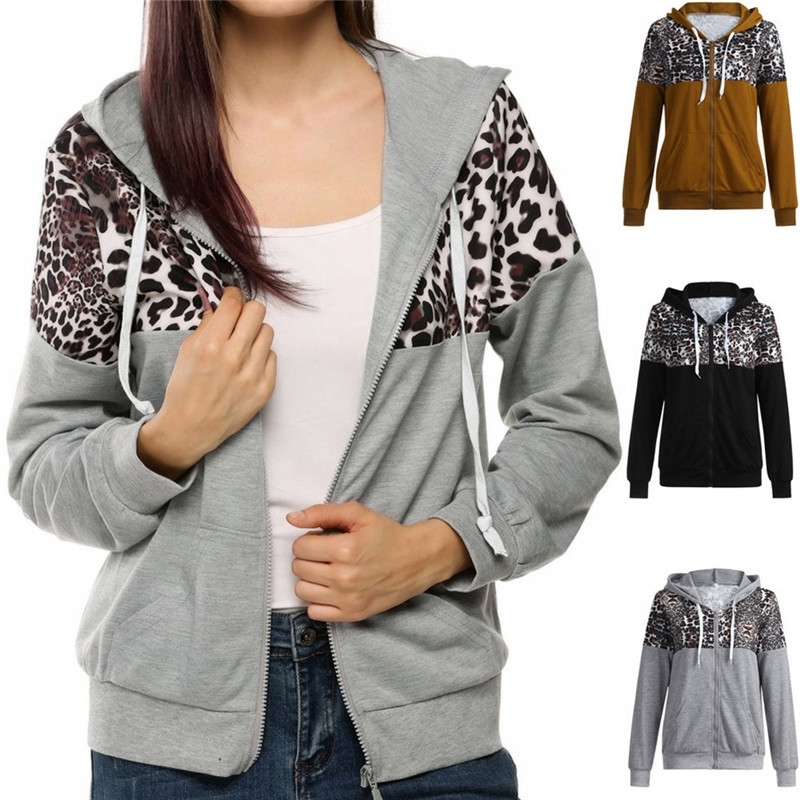 Harajuku Women Leopard Hoodies Sweatshirt Fashion Zipper Pocket Hooded Jacket Outwear Ladies Solid Slim Pullover Clothes Moletom 201102