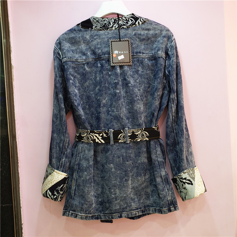 [EWQ] Autumn New Long Sleeve Outerwear Turn-down Collar Streetwear Loose Casual Women Denim Jacket Vintage Print Overcoats 201017