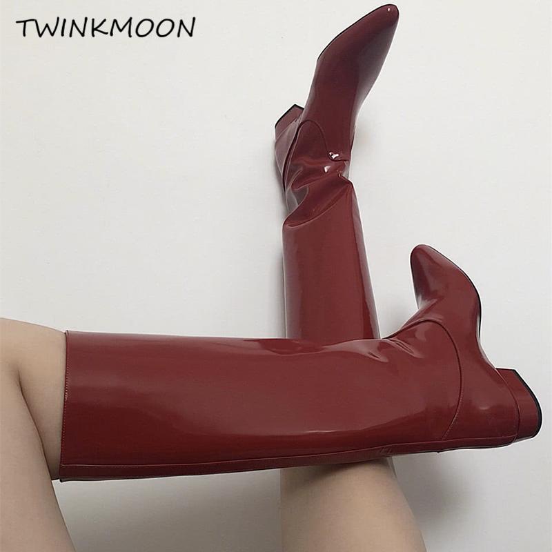 Vintage Wine Red Women's Winter High Boots Point Toe Sexy Patent Leather Black Knee High Boots Low Heel Slip On Casual botas, Red pu inner
Vintage Wine Red Women's Winter High Boots Point Toe Sexy Patent Leather Black Knee High Boots Low Heel Slip On Casual botas, Red pu inner