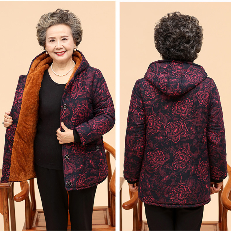 Casual Prints Long Sleeve Hooded Jackets For Elderly Women Winter Warm Cotton Padded Coats Plue Size Ladies Outerwear Parkas 201017