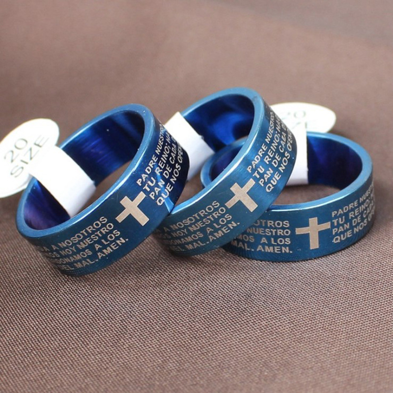 Fashion Stainless Steel Men Ring Scripture Cross Bible Text Jesus Tattoo Christianity Cross Letter Rings Diameter 16-22mm Jewelry Gift