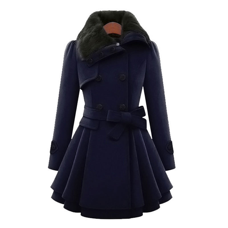 Woolen Coat Double Breasted Lapel Long Coat Female Thicken Autumn Winter Slim Belt Pleated Trench Coats Lady Fur Collar Peacoat 201103