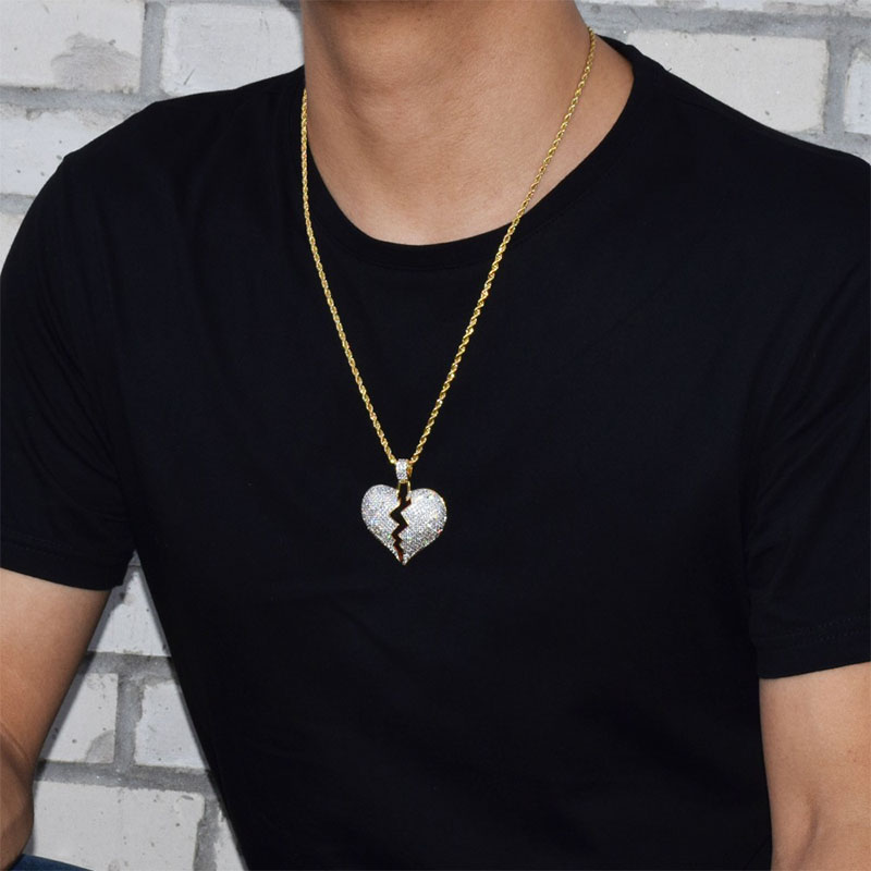 Hip Hop Solid Broken Heart Iced Out Pendant Necklace Charm For Men Women Gold Color Cubic Zircon Jewelry