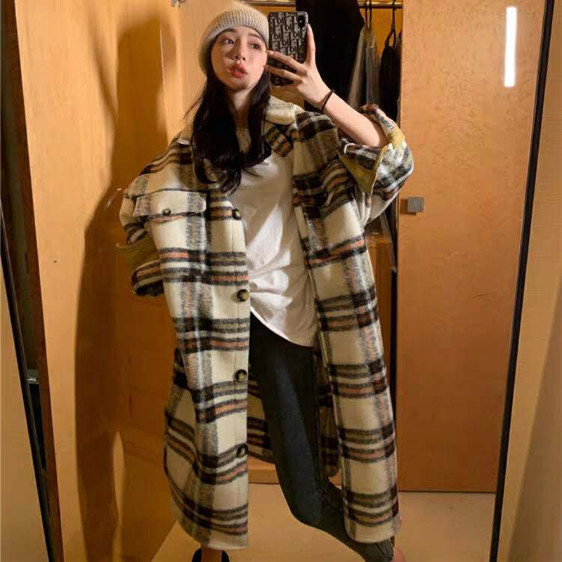 Blue Plaid Trench Coat Women 2020 Spring Autumn New Casual Korean Fashion Lapel Wool Over The Knee Long Coat Z220 T200828
