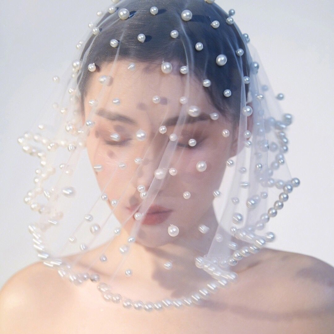 Vintage White Pearls Beaded Bridal Veils Fancy Edge Short Blusher Wedding Veil One Layer Bride Hair wedding Accessories