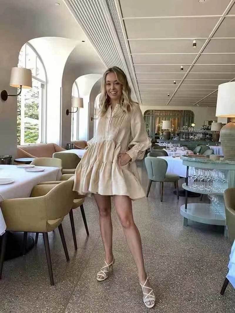 INSPIRED LINEN TUXEDO SHIRT women long Balloon sleeves autumn winter party tiered pleating BOHO DRESS 201127