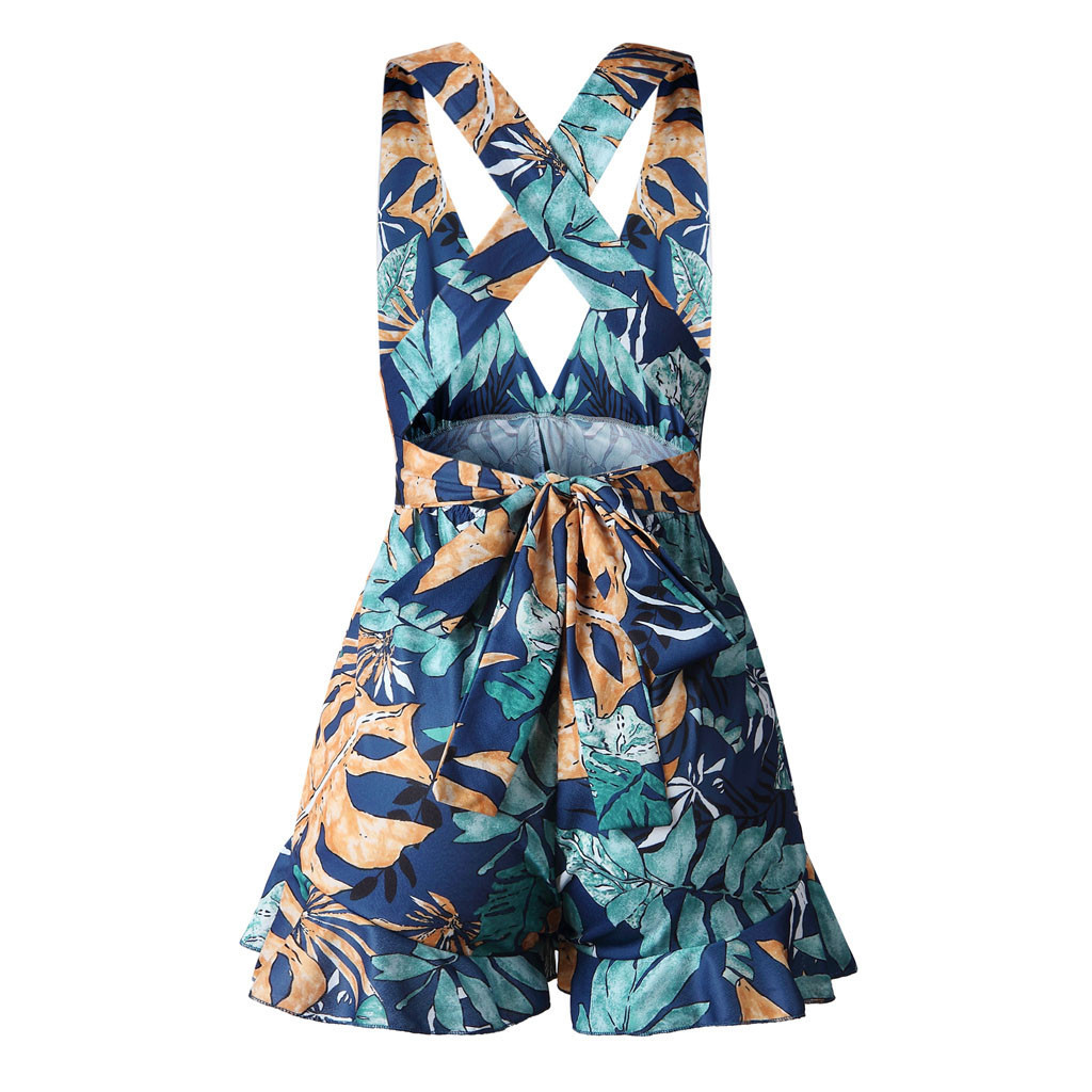Women Boho Prints Backless Sleeveless Short Playsuit Rompers Jumpsuit Romper Women Overalls For Women Bodysuit T200116