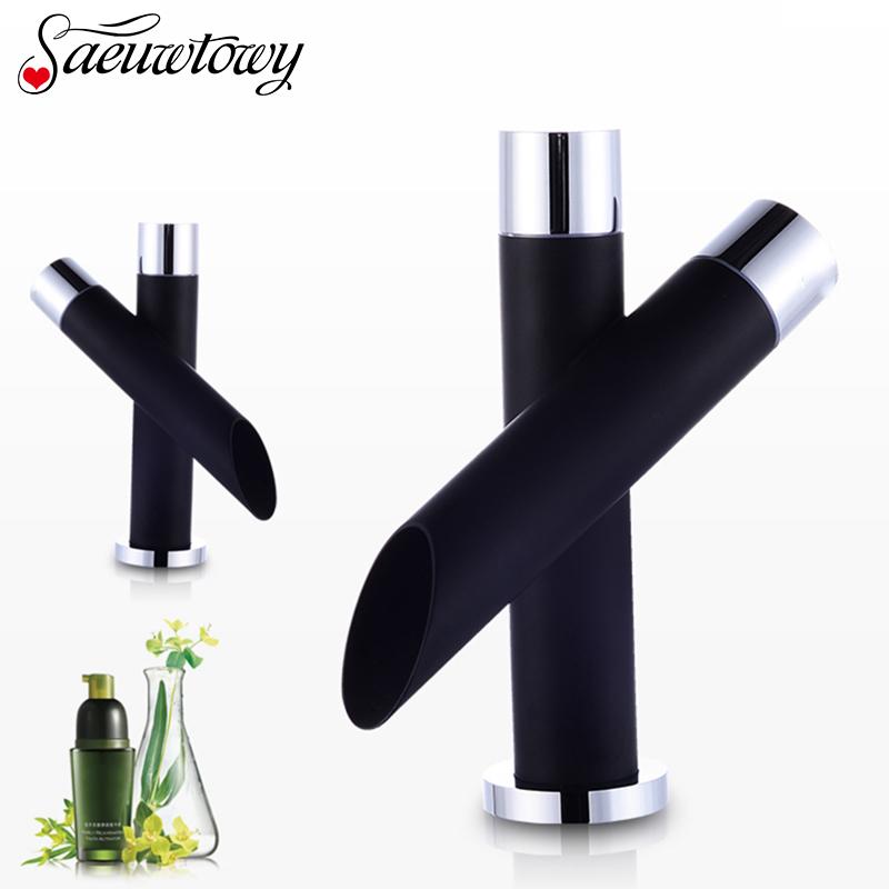 

Black Bathroom Double Handle Waterfall Basin Faucet Spout Hot And Cold Water Mixer Tap Deck Mounted Bathroom Faucet