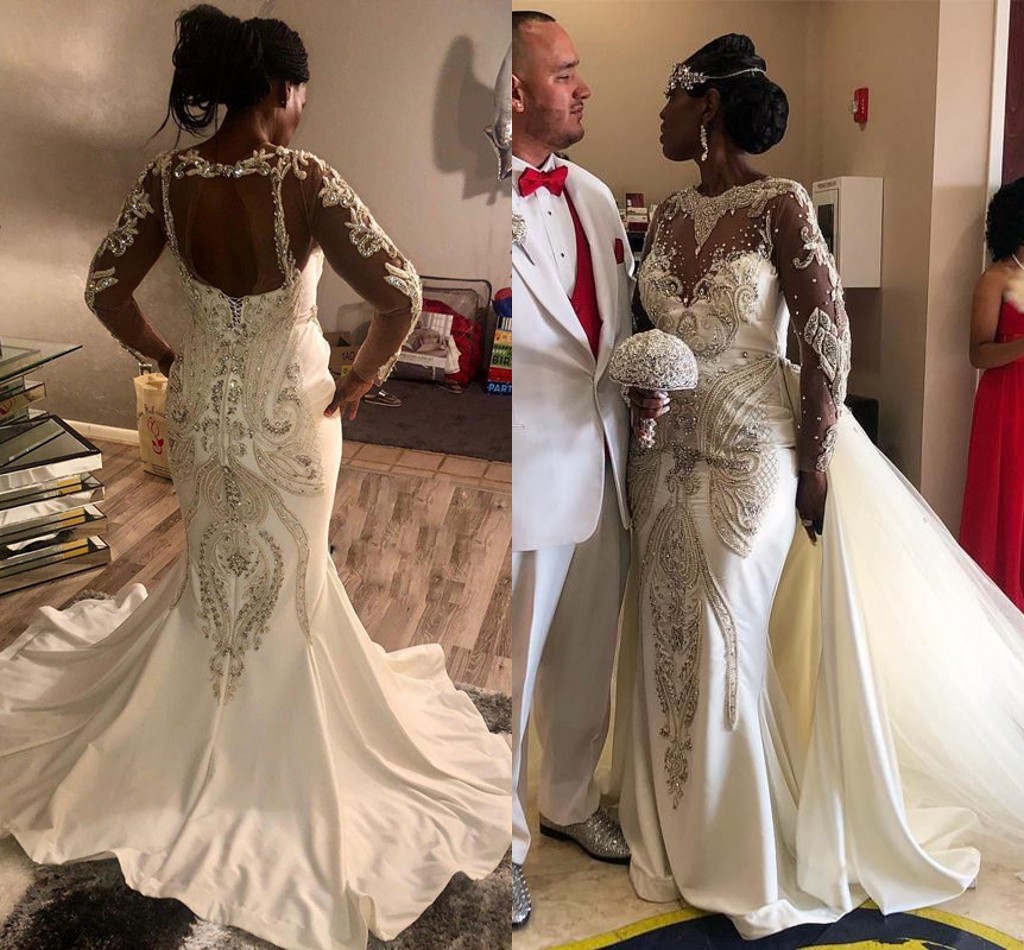 Sparkly Crystal Mermaid Wedding Dresses with Long Sleeve 2021 Lace applique beaded Nigeria African Wedding Gown with Detachable Train