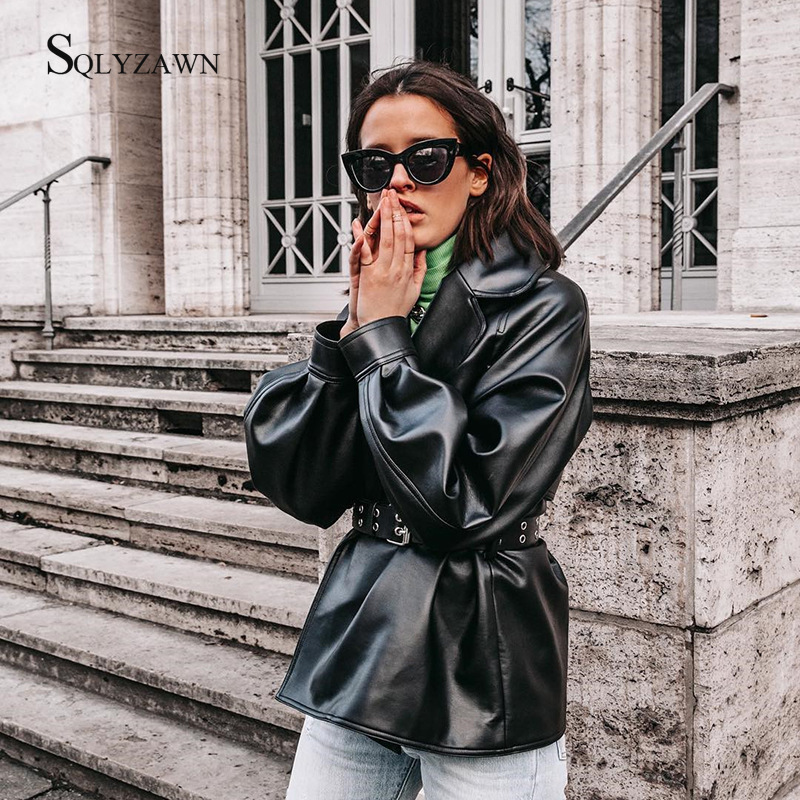 Gothic Black Trench Coat Women Fall Streetwear Faux Leather PU Jacket with Bandage Belt Ladies Fashion Motorcycle Jacket Outwear 201020