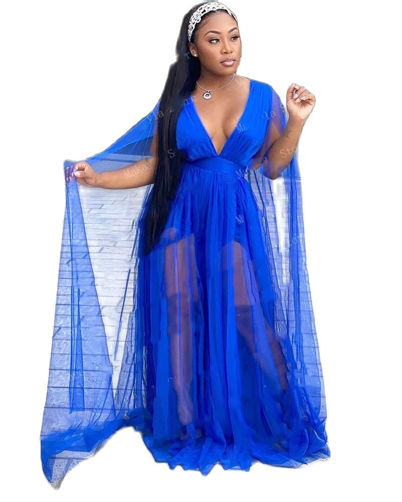 Blue Simple Elegant Prom Dresses V Neck Tulle Cape Long A-Line Women Formal Party Evening Gowns Custom Made Plus Size