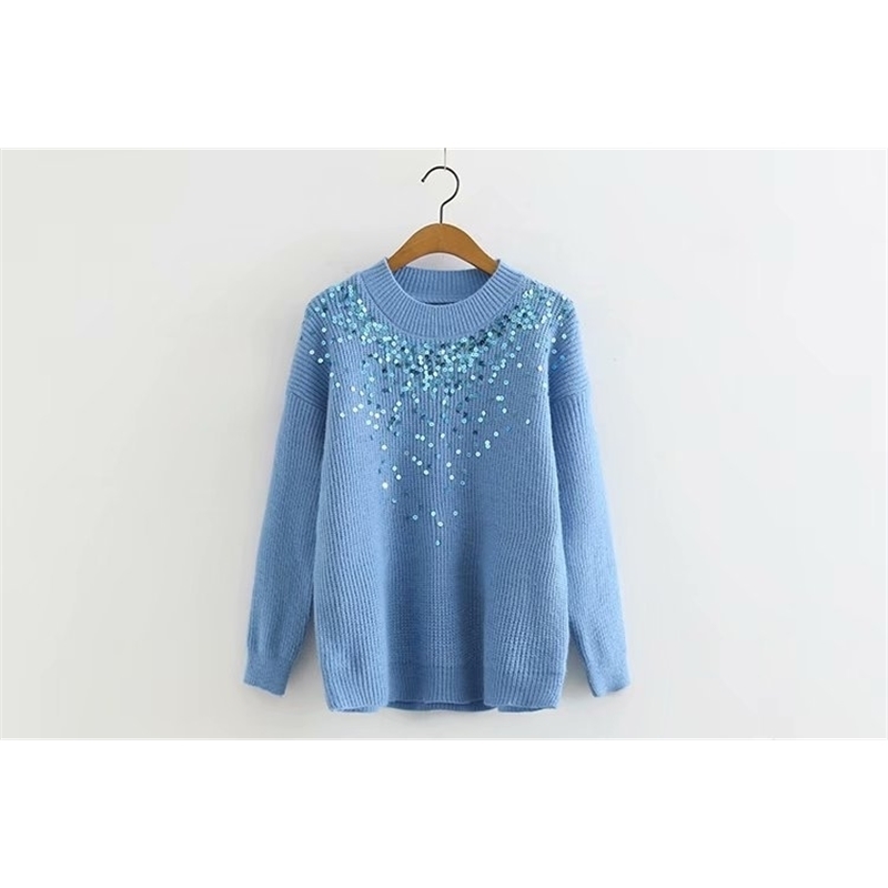 Sequined Sweater Women Knitting Pullover Sweater Autumn Winter Jumpers Solid Color Korean Style Women Clothes 201201