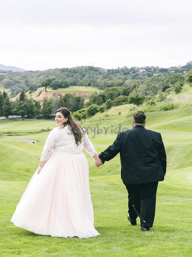 Plus Size Blush Pink Wedding Dresses 2021 Lace Long Sleeve Top V-Neck Floor Length Spring Bridal Gowns Buttons Back Bow Vestidos de novia