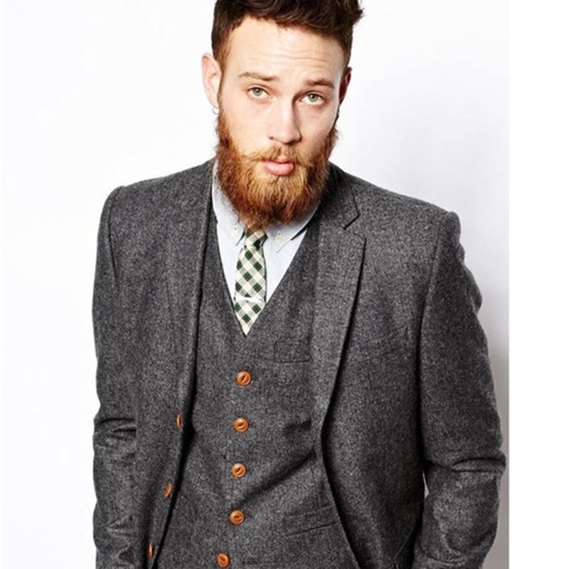Grey Herringbone Tweed Men Suit Vintage Fall Winter Groom Tuxedo Ternos Formal Wedding Suits For Men 3 Piece Men's Classic Suit 201105