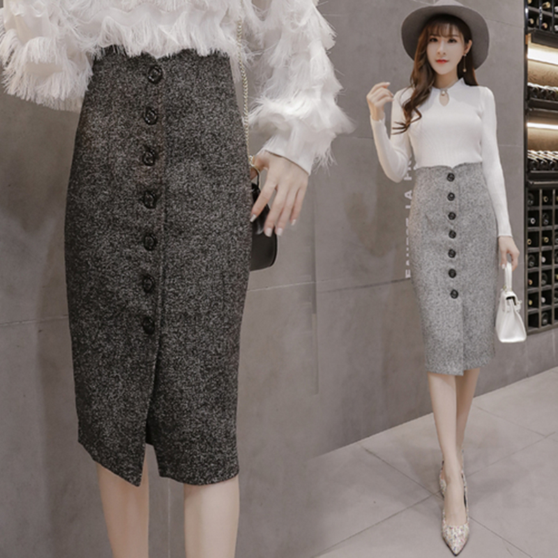 Neophil High Waist Woolen Button Pencil Midi Skirts Office Ladies Office Elegant Grey Winter Wool Wrap Skirts Faldas S1738 T200106