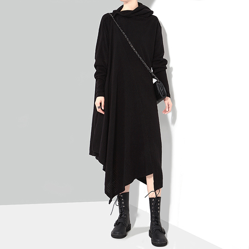 Solid Black Woman Autumn Winter Long Asymmetric Knitted Sweater Dress Full Sleeve Plus Size Stretch Ladies Dress Robe Style 1803 201110