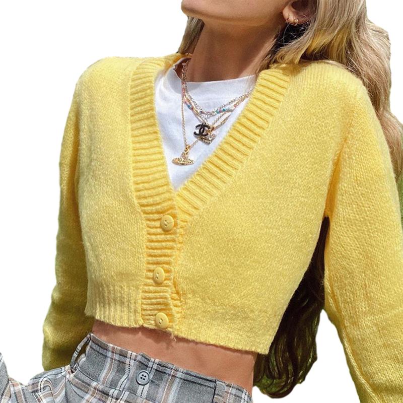 Sweet Casual Yellow Short Knitted Cardigan Top Women Long Sleeve Button Solid Holiday Fashion Elegant Sweaters Crop Top Knitwear, As pic
