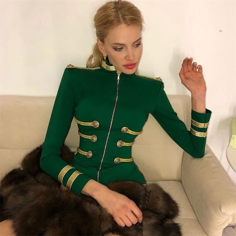 New Fshion Slim Jacket Bandage Long Sleeve Black Front Zipper Celebrity Party Bodycon Coats Women Vestidos Y201001