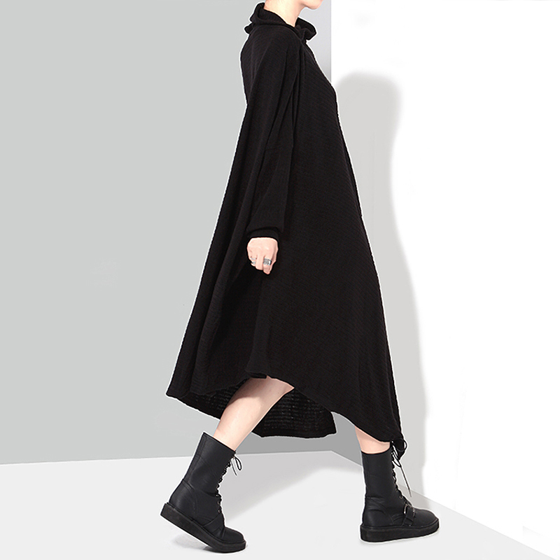 Solid Black Woman Autumn Winter Long Asymmetric Knitted Sweater Dress Full Sleeve Plus Size Stretch Ladies Dress Robe Style 1803 201110