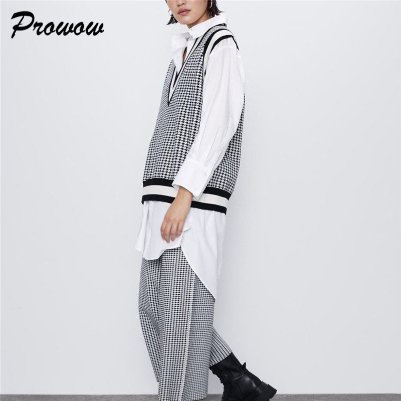 Fashion V-neck Knit Sweater Women Pullover Tops Sleeveless Houndstooth Plaid Knit Sweater Female Casual Sweater Lady Streetwear LJ201203